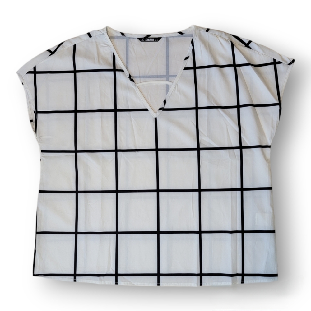 Shein Cap Sleeve Checkered Print Blouse Size XL